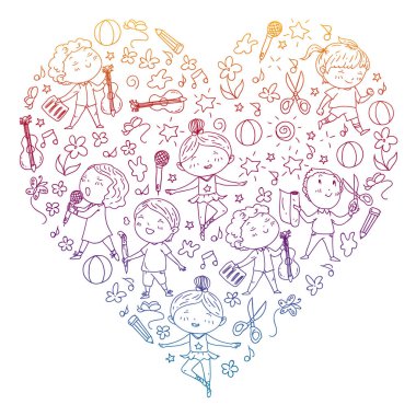 yaratıcı çocuklar dans, şarkı, futbol oynarken, gitar çalmak, keman çalmak, kağıttan model yapmak. Degrade çizimi.