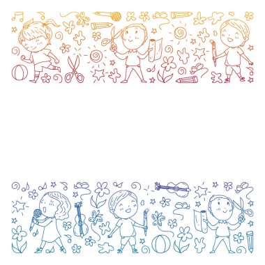 yaratıcı çocuklar dans, şarkı, futbol oynarken, gitar çalmak, keman çalmak, kağıttan model yapmak. Degrade çizimi.