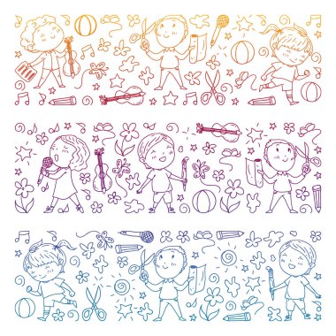 yaratıcı çocuklar dans, şarkı, futbol oynarken, gitar çalmak, keman çalmak, kağıttan model yapmak. Degrade çizimi.