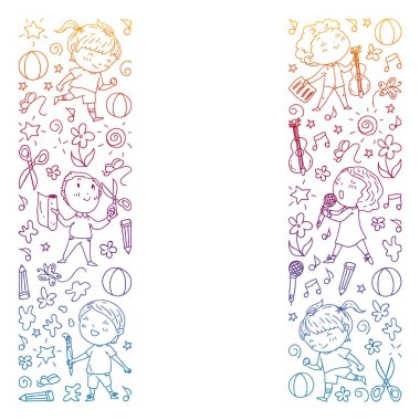 yaratıcı çocuklar dans, şarkı, futbol oynarken, gitar çalmak, keman çalmak, kağıttan model yapmak. Degrade çizimi.