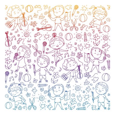 yaratıcı çocuklar dans, şarkı, futbol oynarken, gitar çalmak, keman çalmak, kağıttan model yapmak. Degrade çizimi.