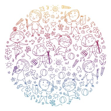 yaratıcı çocuklar dans, şarkı, futbol oynarken, gitar çalmak, keman çalmak, kağıttan model yapmak. Degrade çizimi.