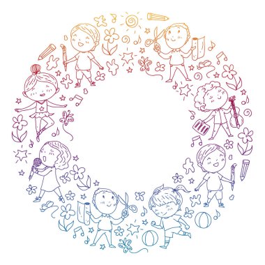 yaratıcı çocuklar dans, şarkı, futbol oynarken, gitar çalmak, keman çalmak, kağıttan model yapmak. Degrade çizimi.