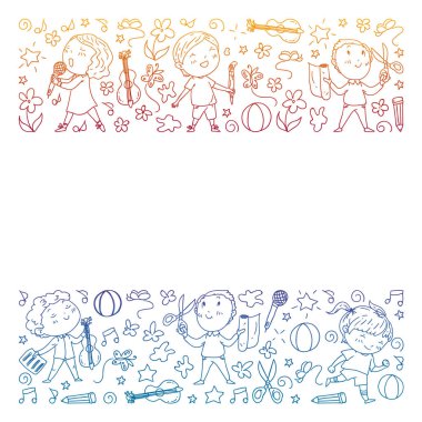 yaratıcı çocuklar dans, şarkı, futbol oynarken, gitar çalmak, keman çalmak, kağıttan model yapmak. Degrade çizimi.