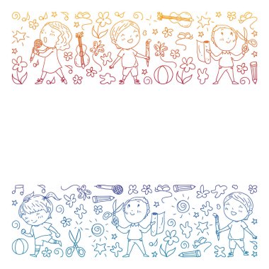 yaratıcı çocuklar dans, şarkı, futbol oynarken, gitar çalmak, keman çalmak, kağıttan model yapmak. Degrade çizimi.