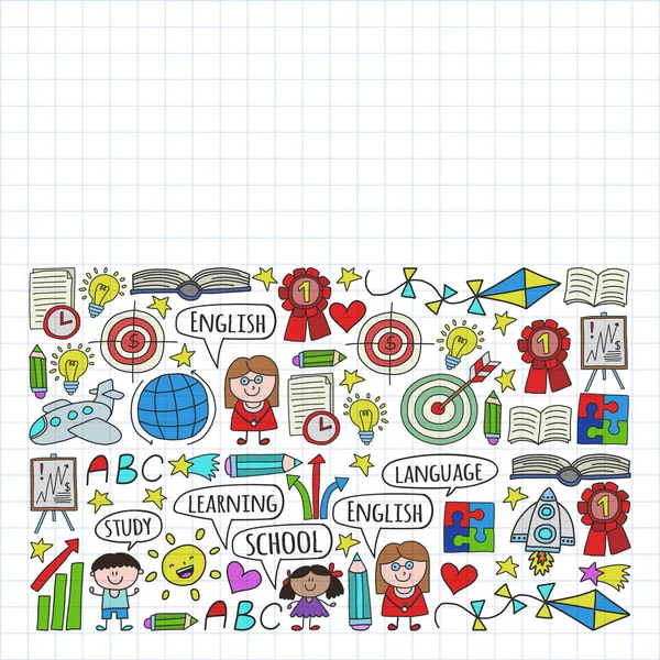 Conjunto vectorial de aprendizaje del idioma inglés, iconos de dibujo infantil en estilo doodle. Pintado, colorido, imágenes en un pedazo de papel sobre fondo blanco. Dibujo en cuaderno cuadrado . — Archivo Imágenes Vectoriales