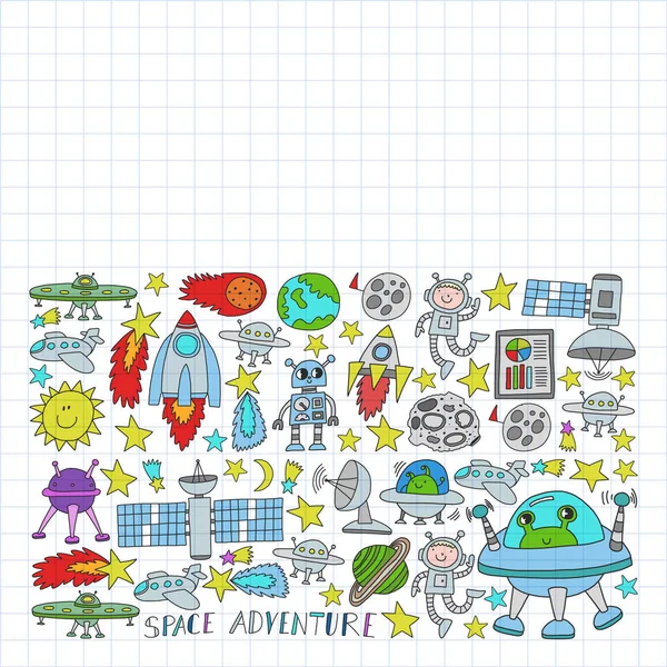 Conjunto vectorial de iconos de elementos espaciales en estilo doodle. Pintado, colorido, imágenes en un pedazo de papel sobre fondo blanco. Dibujo en cuaderno cuadrado . — Vector de stock