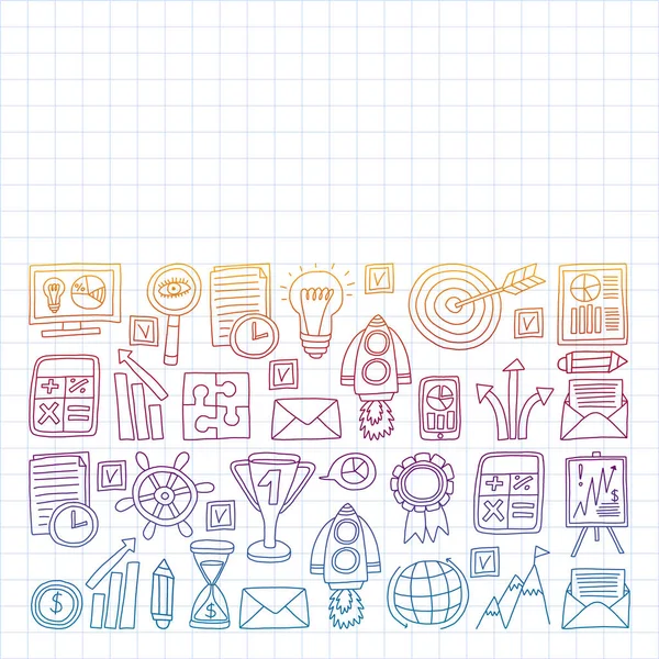 Conjunto vectorial de iconos de bussines en estilo doodle. Dibujo en cuaderno de ejercicios en gradiente . — Archivo Imágenes Vectoriales