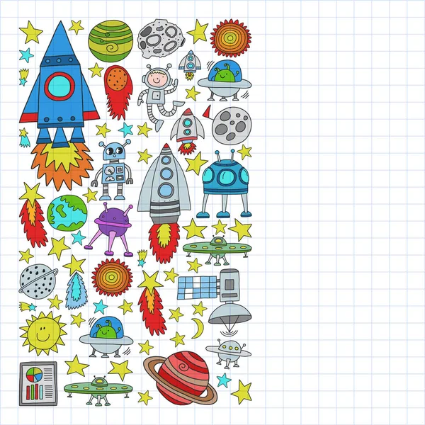 Vector set of space elements icons in doodle style. Painted, colorful, pictures on a piece of paper on white background. Drawing on squared notebook. — Stock Vector