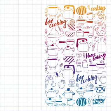 Vektör seti çocuk mutfağı ve doodle tarzında pişirme çizimleri simgeleri. Boyalı, renkli, beyaz arka plan üzerinde bir kağıt parçası üzerinde resimler. Degrade tarzında egzersiz dizüstü çizim.