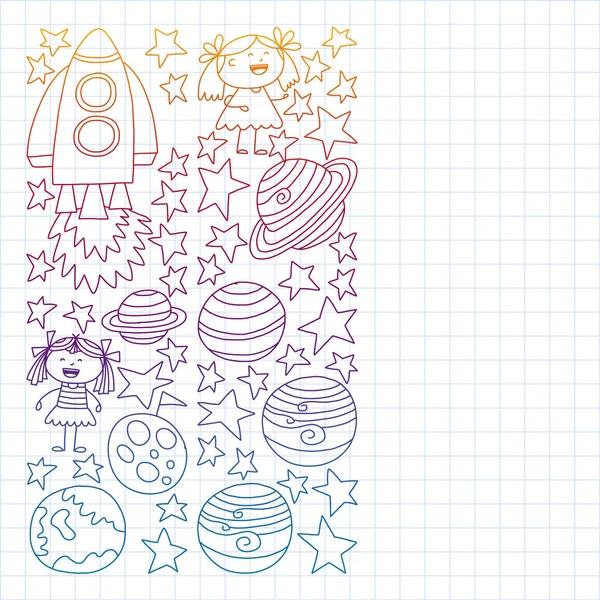 Vector set of space elements icons in doodle style. Painted, colorful, pictures on a piece of paper on white background. Drawing on exercise notebook in gradient style. — Stock Vector