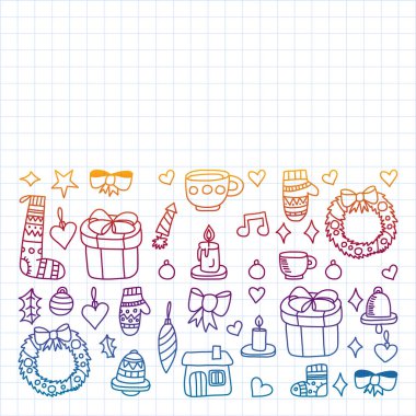 Vektör seti Noel, tatil kış günleri 2019, 2020, vektör illüstrasyon. Yeni yıl deseni, doodle tarzında bir öğretmen simgeleri ile çocuk çizimleri. Boyalı, renkli, pa bir parça üzerinde resimler