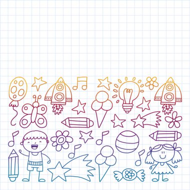 Çocuk bahçe, Patern, El çizilmiş çocuk bahçe elemanları desen, doodle illüstrasyon, Vektör, illüstrasyon, Dikey. Degrade tarzında egzersiz dizüstü çizim.