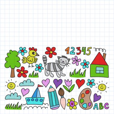 Anaokulu deseni, çizilmiş çocuk bahçe elemanları deseni, karalama çizimi, vektör çizimi, renkli. Kareli not defterine çizim.