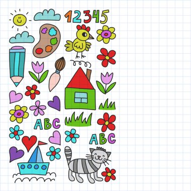 Anaokulu deseni, çizilmiş çocuk bahçe elemanları deseni, karalama çizimi, vektör çizimi, renkli. Kareli not defterine çizim.