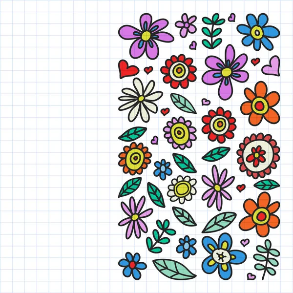 Vector set van kind tekening bloemen. Geschilderde, kleurrijke, Foto's op een stuk papier op witte achtergrond. Tekening op vierkante notebook. — Stockvector
