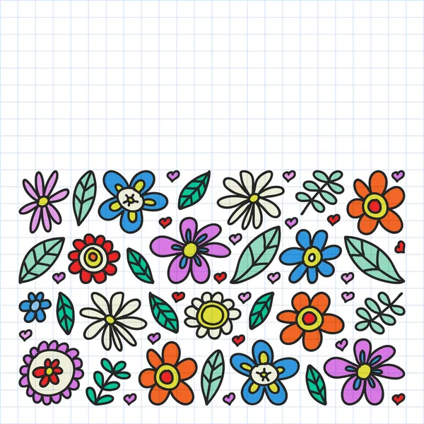 Conjunto vectorial de flores de dibujo infantil. Pintado, colorido, imágenes en un pedazo de papel sobre fondo blanco. Dibujo en cuaderno cuadrado . — Archivo Imágenes Vectoriales