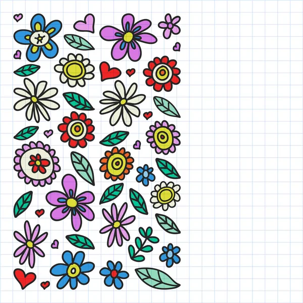 Vector set van kind tekening bloemen. Geschilderde, kleurrijke, Foto's op een stuk papier op witte achtergrond. Tekening op vierkante notebook. — Stockvector