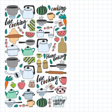 Vektör seti çocuk mutfağı ve doodle tarzında pişirme çizimleri simgeleri. Boyalı, renkli, beyaz arka plan üzerinde bir kağıt parçası üzerinde resimler. Kareli not defterine çizim.