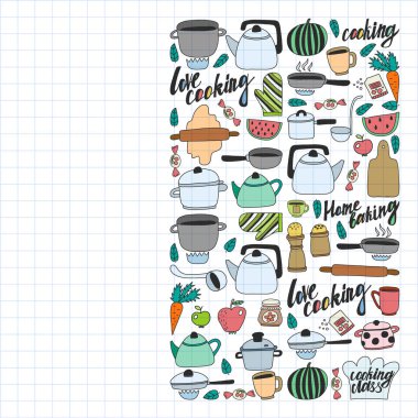 Vektör seti çocuk mutfağı ve doodle tarzında pişirme çizimleri simgeleri. Boyalı, renkli, beyaz arka plan üzerinde bir kağıt parçası üzerinde resimler. Kareli not defterine çizim.