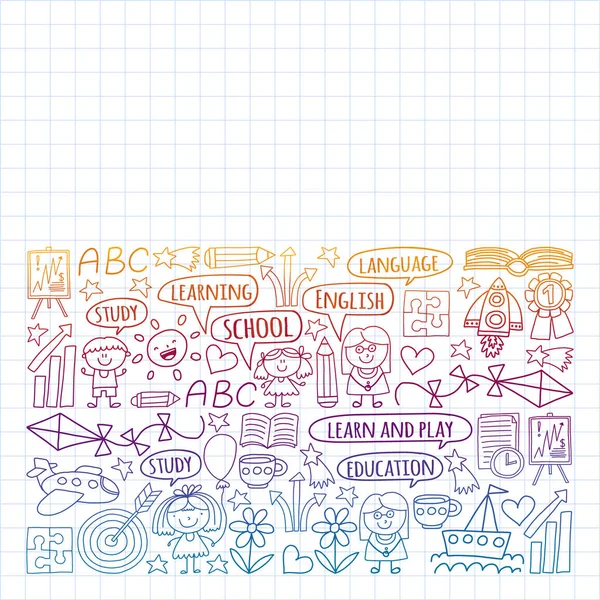 Conjunto vectorial de aprendizaje del idioma inglés, iconos de dibujo infantil en estilo doodle. Pintado, colorido, imágenes en un pedazo de papel sobre fondo blanco. Dibujo en cuaderno de ejercicios en estilo degradado . — Vector de stock