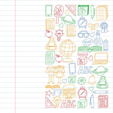 Doodle stilinde Okula Dönüş simgelerinin vektör kümesi. Boyalı, renkli, beyaz arka plan üzerinde bir kağıt parçası üzerinde resimler. Renkli tarzda egzersiz dizüstü çizim.