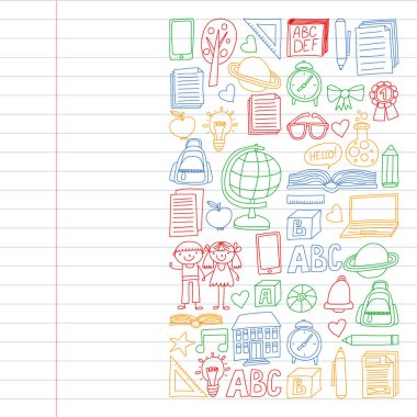 Doodle stilinde Okula Dönüş simgelerinin vektör kümesi. Boyalı, renkli, beyaz arka plan üzerinde bir kağıt parçası üzerinde resimler. Renkli tarzda egzersiz dizüstü çizim.