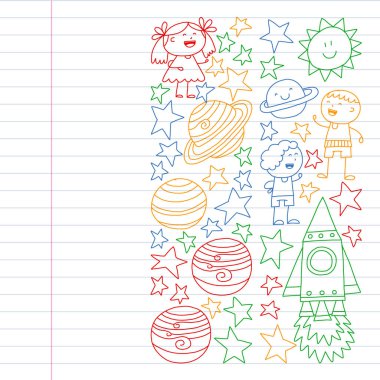 Doodle tarzında uzay öğeleri simgelerinin vektör kümesi. Boyalı, renkli, beyaz arka plan üzerinde bir kağıt parçası üzerinde resimler. Renkli tarzda egzersiz dizüstü çizim.