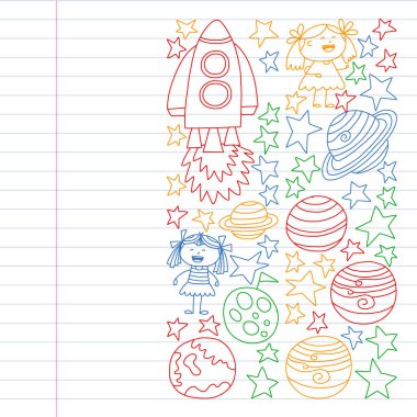 Doodle tarzında uzay öğeleri simgelerinin vektör kümesi. Boyalı, renkli, beyaz arka plan üzerinde bir kağıt parçası üzerinde resimler. Renkli tarzda egzersiz dizüstü çizim.