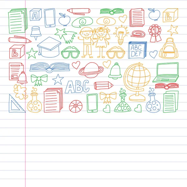 Ensemble vectoriel d'icônes de retour à l'école dans le style doodle. Tableaux peints, colorés, sur un morceau de papier sur fond blanc. Dessin sur carnet d'exercices dans un style coloré . — Image vectorielle