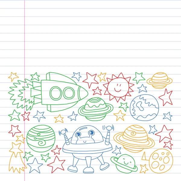 Conjunto vectorial de iconos de elementos espaciales en estilo doodle. Pintado, colorido, imágenes en un pedazo de papel sobre fondo blanco. Dibujo en cuaderno de ejercicios en estilo colorido . — Archivo Imágenes Vectoriales