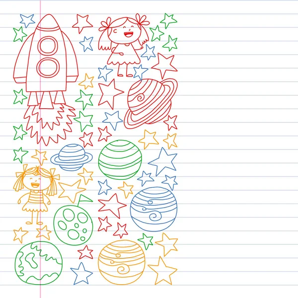 Doodle tarzında uzay öğeleri simgelerinin vektör kümesi. Boyalı, renkli, beyaz arka plan üzerinde bir kağıt parçası üzerinde resimler. Renkli tarzda egzersiz dizüstü çizim.