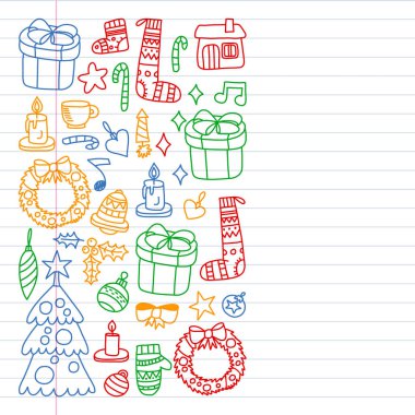 Vektör seti Noel, tatil kış günleri 2019, 2020, vektör illüstrasyon. Yeni yıl deseni, doodle tarzında bir öğretmen simgeleri ile çocuk çizimleri. Boyalı, renkli, pa bir parça üzerinde resimler