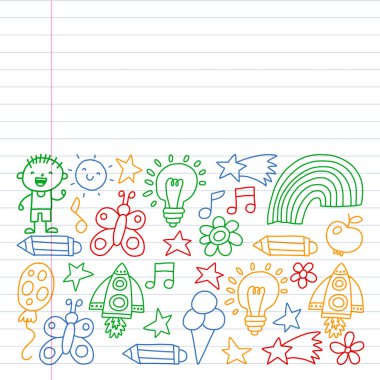 Çocuk bahçe, Patern, El çizilmiş çocuk bahçe elemanları desen, doodle illüstrasyon, Vektör, illüstrasyon, Dikey. Renkli tarzda egzersiz dizüstü çizim.