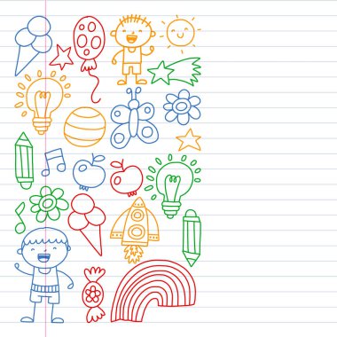 Çocuk bahçe, Patern, El çizilmiş çocuk bahçe elemanları desen, doodle illüstrasyon, Vektör, illüstrasyon, Dikey. Renkli tarzda egzersiz dizüstü çizim.