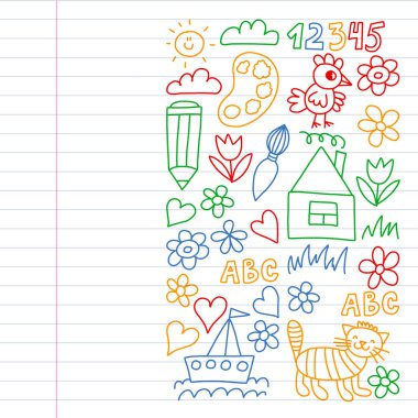 Anaokulu deseni, çizilmiş çocuk bahçe elemanları deseni, karalama çizimi, vektör çizimi, renkli. Renkli tarzda egzersiz dizüstü çizim.