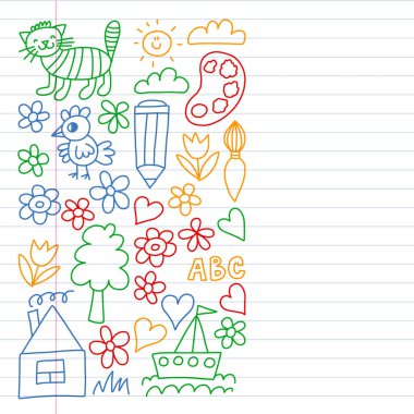 Anaokulu deseni, çizilmiş çocuk bahçe elemanları deseni, karalama çizimi, vektör çizimi, renkli. Renkli tarzda egzersiz dizüstü çizim.