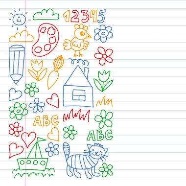 Anaokulu deseni, çizilmiş çocuk bahçe elemanları deseni, karalama çizimi, vektör çizimi, renkli. Renkli tarzda egzersiz dizüstü çizim.