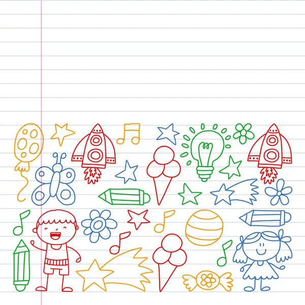 Children garden, Patern, Hand drawn children garden elements pattern, doodle illustration, Vector, illustration, Vertical. Drawing on exercise notebook in colorful style.