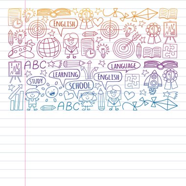 Vektör seti İngilizce dil öğrenme, çocuklar doodle tarzında simgeleri çizim. Boyalı, renkli, beyaz arka plan üzerinde bir kağıt parçası üzerinde resimler. Degrade tarzında egzersiz dizüstü çizim.