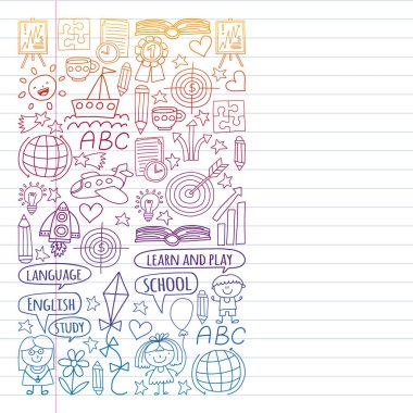 Vektör seti İngilizce dil öğrenme, çocuklar doodle tarzında simgeleri çizim. Boyalı, renkli, beyaz arka plan üzerinde bir kağıt parçası üzerinde resimler. Degrade tarzında egzersiz dizüstü çizim.