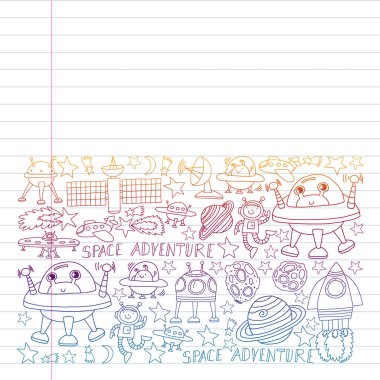 Doodle tarzında uzay öğeleri simgelerinin vektör kümesi. Boyalı, renkli, beyaz arka plan üzerinde bir kağıt parçası üzerinde resimler. Renkli degrade tarzında egzersiz dizüstü çizim.