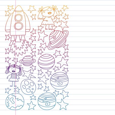 Doodle tarzında uzay öğeleri simgelerinin vektör kümesi. Boyalı, renkli, beyaz arka plan üzerinde bir kağıt parçası üzerinde resimler. Renkli degrade tarzında egzersiz dizüstü çizim.