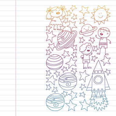 Doodle tarzında uzay öğeleri simgelerinin vektör kümesi. Boyalı, renkli, beyaz arka plan üzerinde bir kağıt parçası üzerinde resimler. Renkli degrade tarzında egzersiz dizüstü çizim.