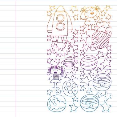 Doodle tarzında uzay öğeleri simgelerinin vektör kümesi. Boyalı, renkli, beyaz arka plan üzerinde bir kağıt parçası üzerinde resimler. Renkli degrade tarzında egzersiz dizüstü çizim.