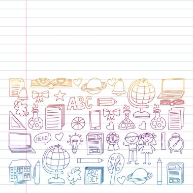 Doodle stilinde Okula Dönüş simgelerinin vektör kümesi. Boyalı, renkli, beyaz arka plan üzerinde bir kağıt parçası üzerinde resimler. Renkli degrade tarzında egzersiz dizüstü çizim.