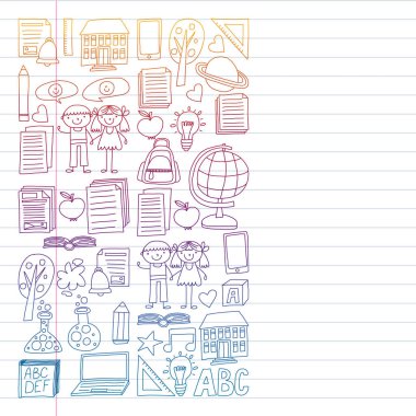 Doodle stilinde Okula Dönüş simgelerinin vektör kümesi. Boyalı, renkli, beyaz arka plan üzerinde bir kağıt parçası üzerinde resimler. Renkli degrade tarzında egzersiz dizüstü çizim.