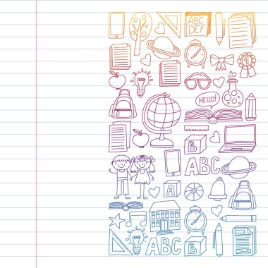 Doodle stilinde Okula Dönüş simgelerinin vektör kümesi. Boyalı, renkli, beyaz arka plan üzerinde bir kağıt parçası üzerinde resimler. Renkli degrade tarzında egzersiz dizüstü çizim.