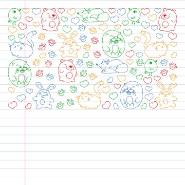 Çocuklar ve tasarım, baskı, kedi, ayı, tilki, kuş, tavşan veya tavşan için vahşi hayvanlar şeklinde güzel yuvarlak simgeleri Vektör seti. Beyaz arka plan üzerinde başlık ile Yuvarlak hayvanlar. Egzersiz üzerine çizim