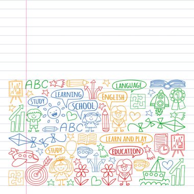 Vektör seti İngilizce dil öğrenme, doodle tarzında çocuk çizim simgeleri. Boyalı, renkli, beyaz arka plan üzerinde bir kağıt parçası üzerinde resimler. Renkli tarzda egzersiz dizüstü çizim.